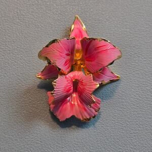 Vintage Cerrito 1982 Hand Painted Light Pink & Gold Orchid Flower Brooch Pin 2"